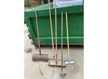 Lot Of Tools With Pushbroom Spade Shovel Squeegee And Sponge Mop