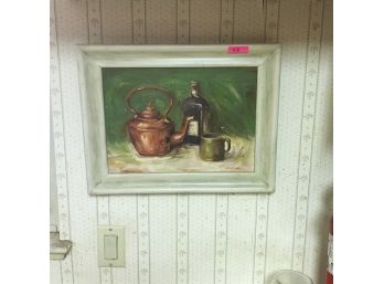 Framed Vintage Print Of Painting Of Tea Pot Liquor Bottle And Green Mug