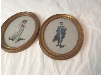 (Texted Dave)Two Vintage Cross Stitch Embroidery Ovals Of Man And A Woman