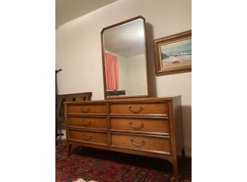 5 Foot-long Vintage Bassett Brand Chest Of Drawers With Tall Beveled Glass Framed Mirror