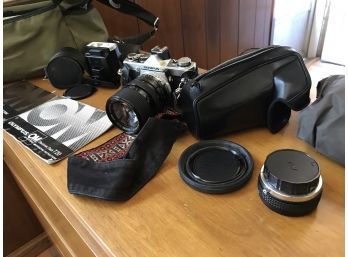 Olympus Brand OM-2 Camera With Accessories With Vintage Eddie Bauer Travel Bag