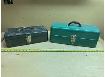 Two Vintage Green Toolboxes With Assortment Of Tools And Miscellaneous