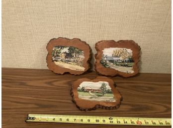 Three Hand Painted Vintage Landscapes Of Houses On Live Edge Wood Pieces