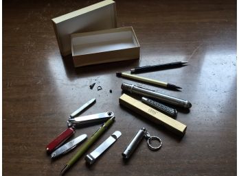 Box Of Small Knives And Assorted Desk Tools