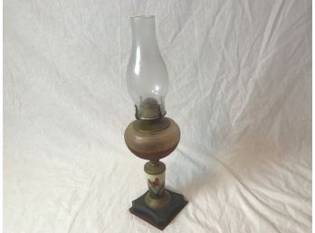 Ornate Antique Hand Painted Fuel Lamp With Glass Fuel Bowl