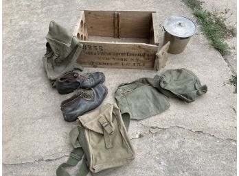 Cool Lot With Awesome Antique Crate And Vintage MilitaryBoy Scout Bags With Camping  Cook Pan
