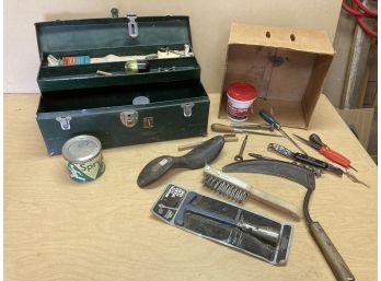 Green Vintage Toolbox With Cardboard Box Of Associated Tools