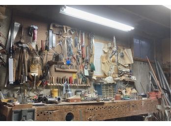 Huge Lot Of Organized Tools And Assortment Of Miscellaneous On Tool Desk Including 2 Vices (Not Table)