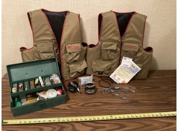 Two Stearns Brand Tournament Series Edition Life Jackets With Assorted Fishing Related Items