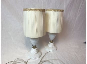 2 Short Vintage Milk Glass Lamps With Frames