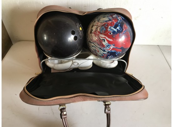 Set Of Bowling Balls In Bowling Bag With Ladies Bowling Shoes, Vintage Socks, & Bowling Wrist Braces