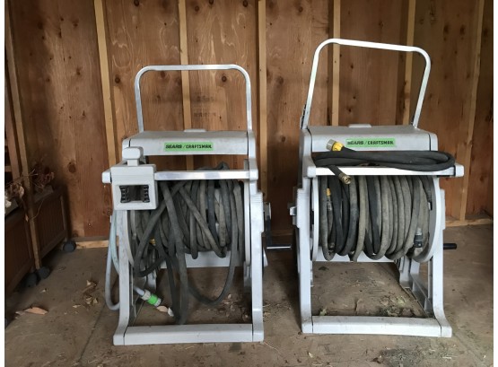 Two Sears/craftsman Brand Hose Reel With Hoses (one Real Has Broken Cart Handle)