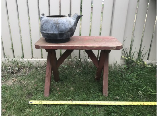 Cool Vintage Cast-iron Kettle With Spout And Red Homemade Small Garden Bench