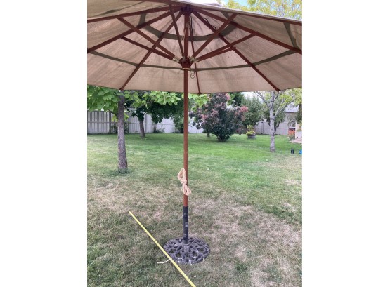 Huge 12 Foot Wide Collapsible Lawn Umbrella And Heavy Base (Needs New Rope For Pulley)