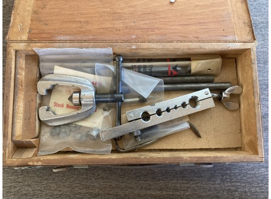 Assortment Of Pipe Threading Tools In Vintage Wooden Box