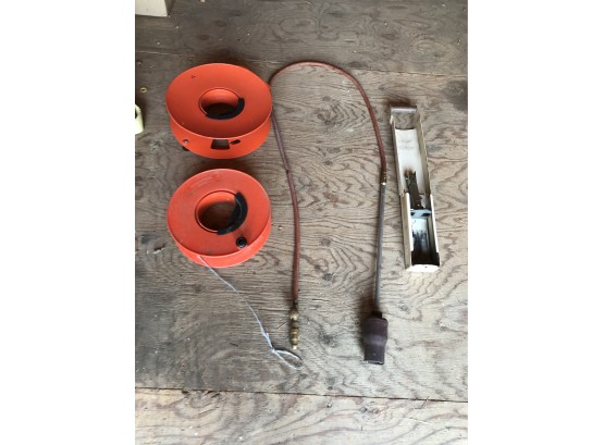 Mismatch Lot Of Wall Mount Can Crusher, Propane Torch Head With Control,& Two Orange Cable Spools