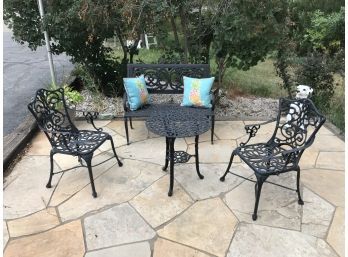 Cast Iron Outdoor Furniture Set With Table, Two Chairs, And Bench (needs Repair/repaired)