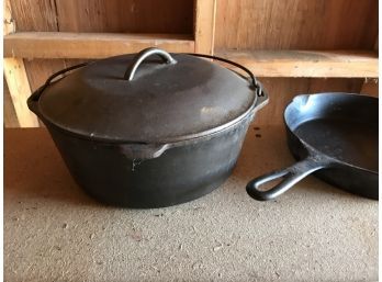 Nice Vintage Cast Iron Set Featuring Cast Iron Kettle With Lid And Cast-iron Pan