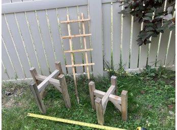 Two Wooden Plant Stands And One Wooden Training Trellis