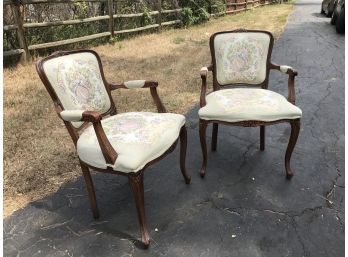 Set Of A Modern, Vintage Style Old Wooden Chairs With Embroidered Image Of Victorian Couple