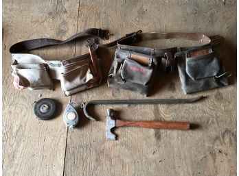 2 Construction Tool Belts With Chalk Line/plumbline, Crowbar, And Hatchet Hammer