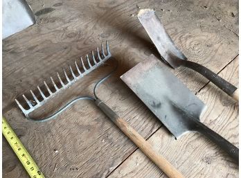 Steel Garden Rake, Flat Shovel, And Narrow Head Shovel