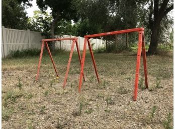 Two Metal Portable Sawhorses With Adjustable Legs (made In The USA)