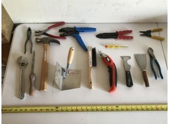 Large Assortment Of Tools Including Crimps, Wire Strippers, Electric Snips, Corner Trowel, And More