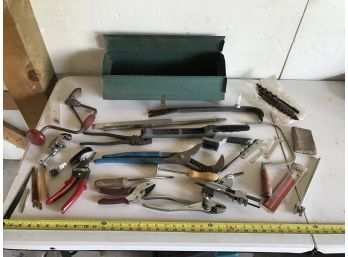 Vintage Green Metal Toolbox With Large Assortment Of Miscellaneous Tools