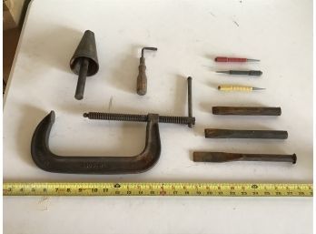 Assortment Featuring Huge C Clamp And Mix Of Punches And Chisels