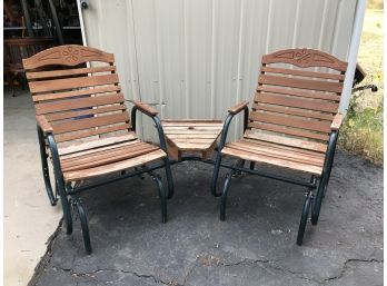 Cute Outdoor Swinging Connected Lawn Chairs With Small Table Connection (needs Resealing)