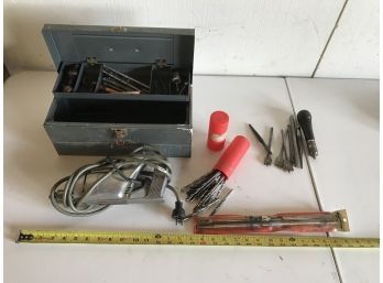 Vintage Quarter Inch Craftsman Power Drill With Assortment Of Bits In Vintage Metal Box