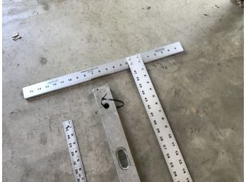 Sheet Rock T-square, Aluminum Level, And 3 Foot Ruler