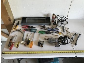 Large Box Of Tools Including Large Snips, Drill, Metal Tray, Solder Iron, & Assortment Of Screwdrivers