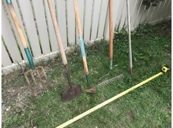 Pitchfork, Flat Scraper, Small Garden Rake, Triangle Spade, And Garden Rake