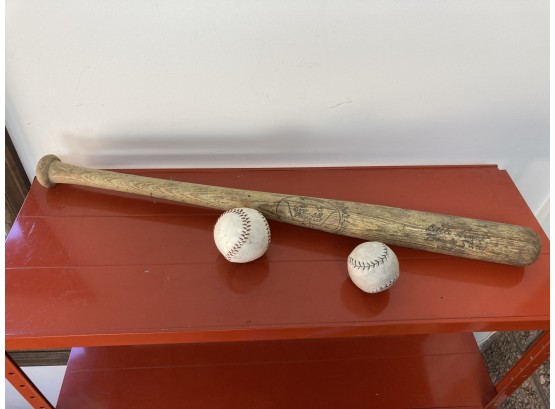 Little League Bonds Style Vintage Wooden Baseball Bat With Two Vintage Baseballs