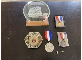 Assortment Of Vintage Medals And Awards As Well As A Naval Academy Display Piece