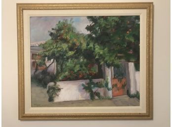 Framed Painting, Appears Signed 'Marquardt' And 'Garden With Orange Tree  Greece' On Back