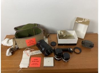 Vintage Tan Leather Camera Case W/ Green Felt Interior, Assortment Of Lenses And Photographic Goodies