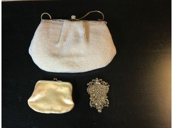Beautiful Harrod's Bag, Fine Antique Beaded Handbag With Accessories, And Vintage Leather Clutch (NICE!)
