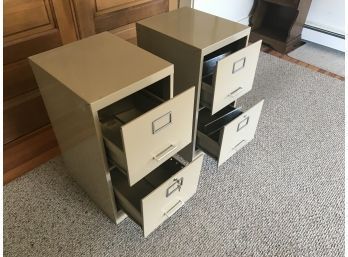 Small Set Of Modern Metal File Cabinets (one Has Set Of Keys & Drawer Needs Work, Other Open But No Keys)