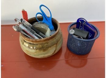 Earthenware Ceramic Bowl And Small Blue Basket With Assortment Of Desk Tools And Wrenches