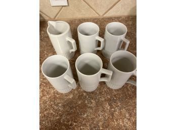Set Of White Mugs With Ribbed Base & Small Pitcher