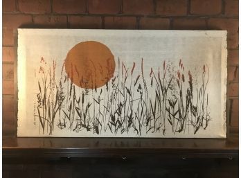 Big Vintage Hand Printed Art On Canvas Of Sunset Behind Prairie Grass