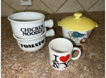 Vintage Rorstrand Hand Painted Lidded Ovenware, Soup Bowl Set, & Souvenir Mug