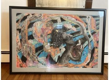 Large Colorful Framed Abstract Charcoal Illustration In Black Frame