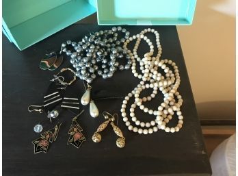 Assortment Of Costume And Vintage Jewelry In Cardboard Jewelry Box