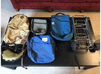Big Assortment Of Outdoor & Hiking Type Bags With Vintage Horn Type Water Bottle & Collapsible Luggage Cart