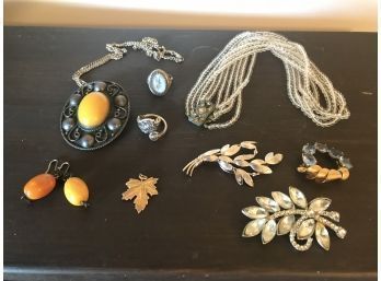 Assortment Of Beautiful Vintage Jewelry Featuring Sterling Silver Ring, Gold Leaf Pendant