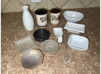 Variety Of Unique Mini Dishes, Sauce Bowls, & Sake Bottle